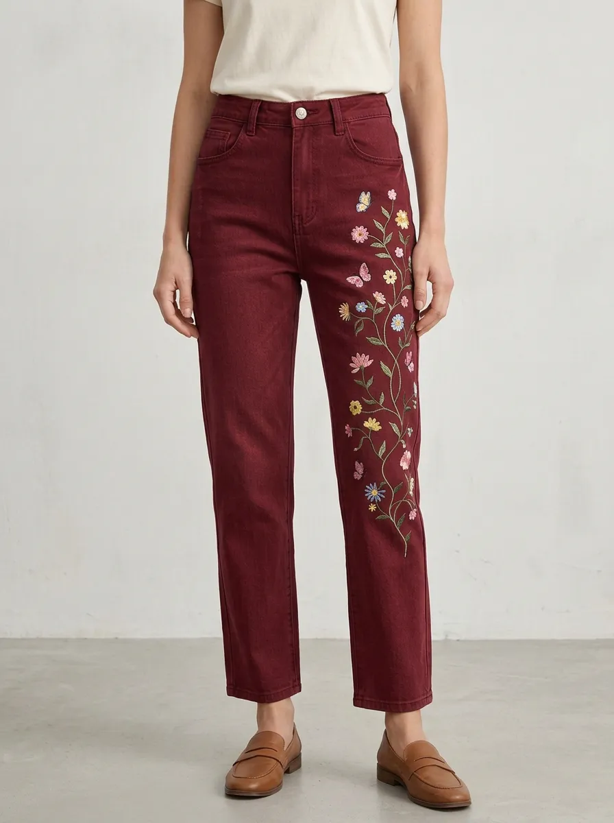Women's Floral Butterfly Nature Embroidered Straight Leg Jeans