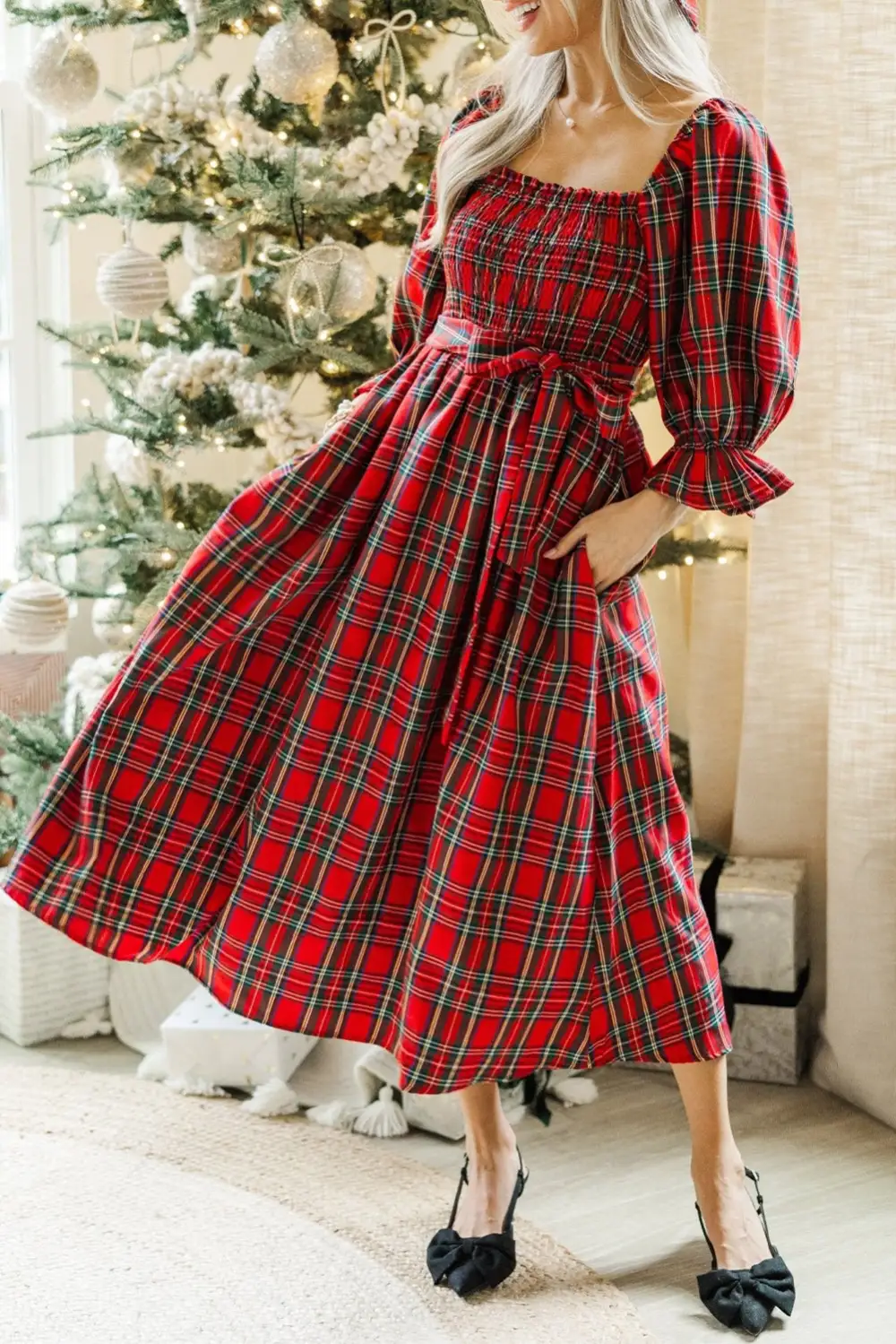 Maxi Tartan Plaid Square Neck Puff Sleeve Knot Waist