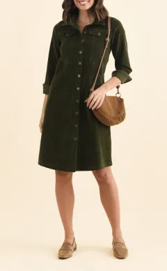 Knee-Length Cotton Button-Front Pocket Collared Long-Sleeve A-Line Dress