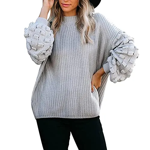 Women's Cute Oversized Crewneck Loose Puff Sleeves Chunky Knit Pullover Sweater
