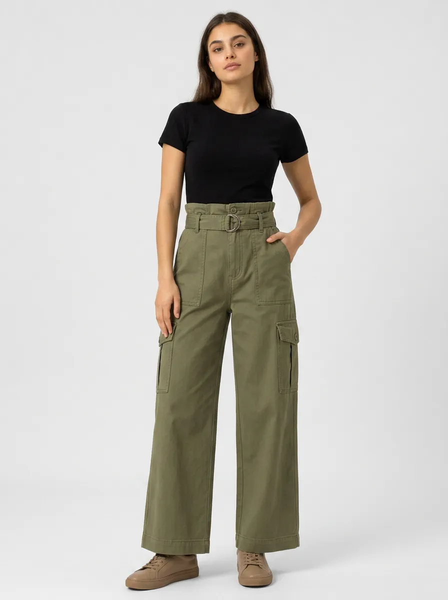 Women's Casual Streetwear Olive Cargo Pants High-Waisted Belted Set