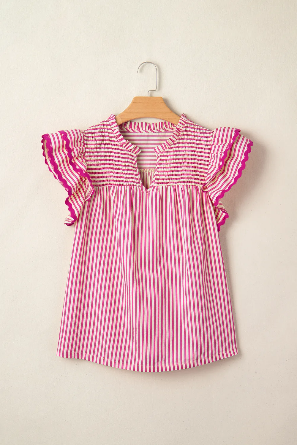 Rose Stripe Shirred Yoke Ruffled Blouse