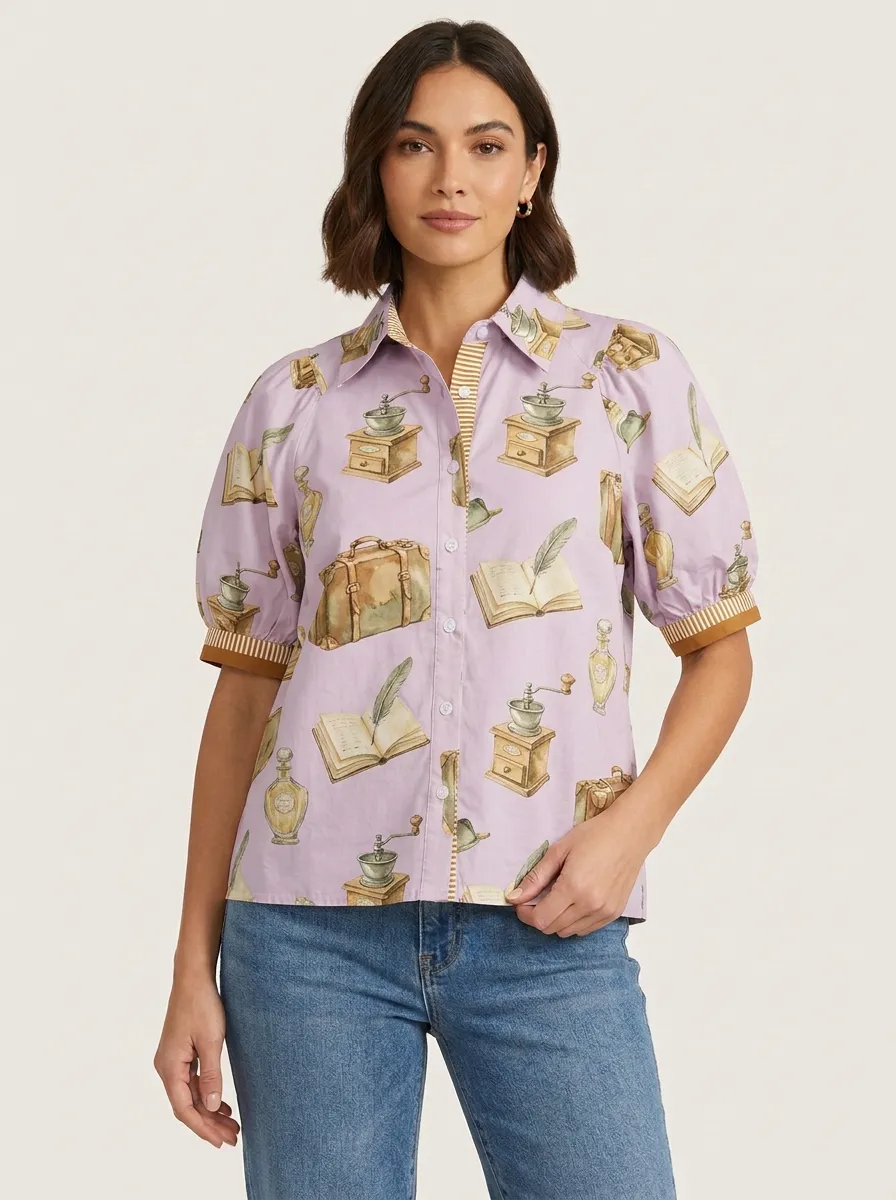 Women's Vintage Stationery Coffee Grinder Graphic Blouse