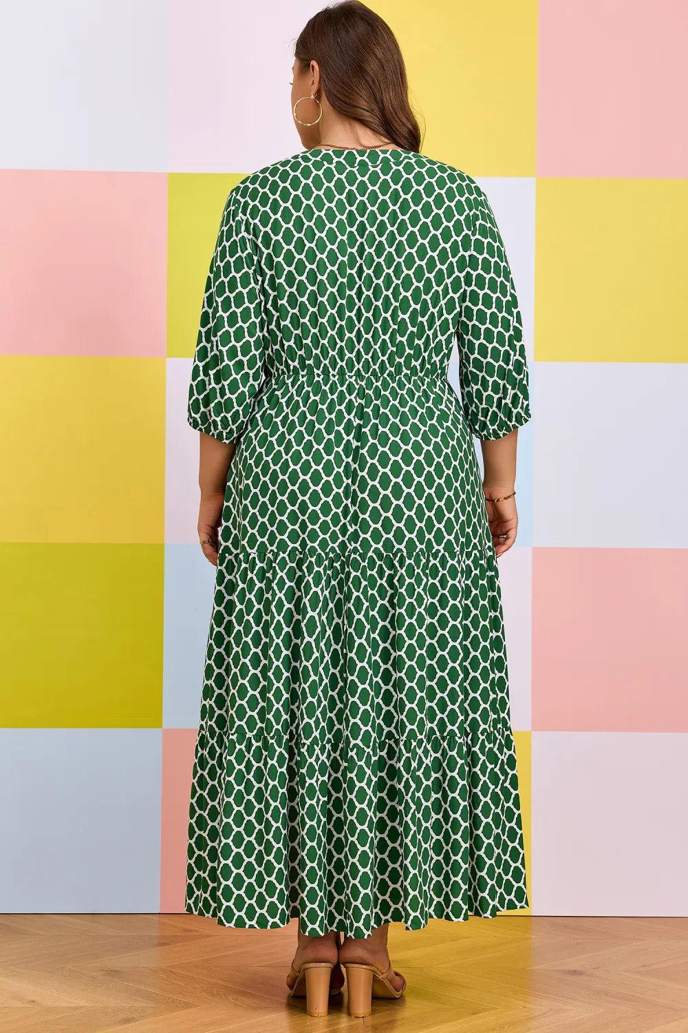 Green Geometric Ruffle Hem Dress