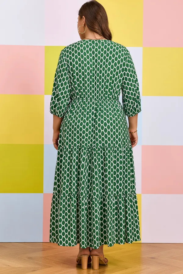 Green Geometric Ruffle Hem Dress