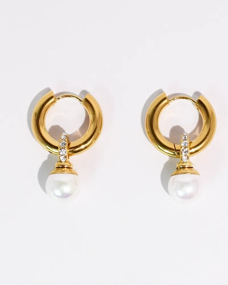 Pearl Crystal Accent Hoop Earrings