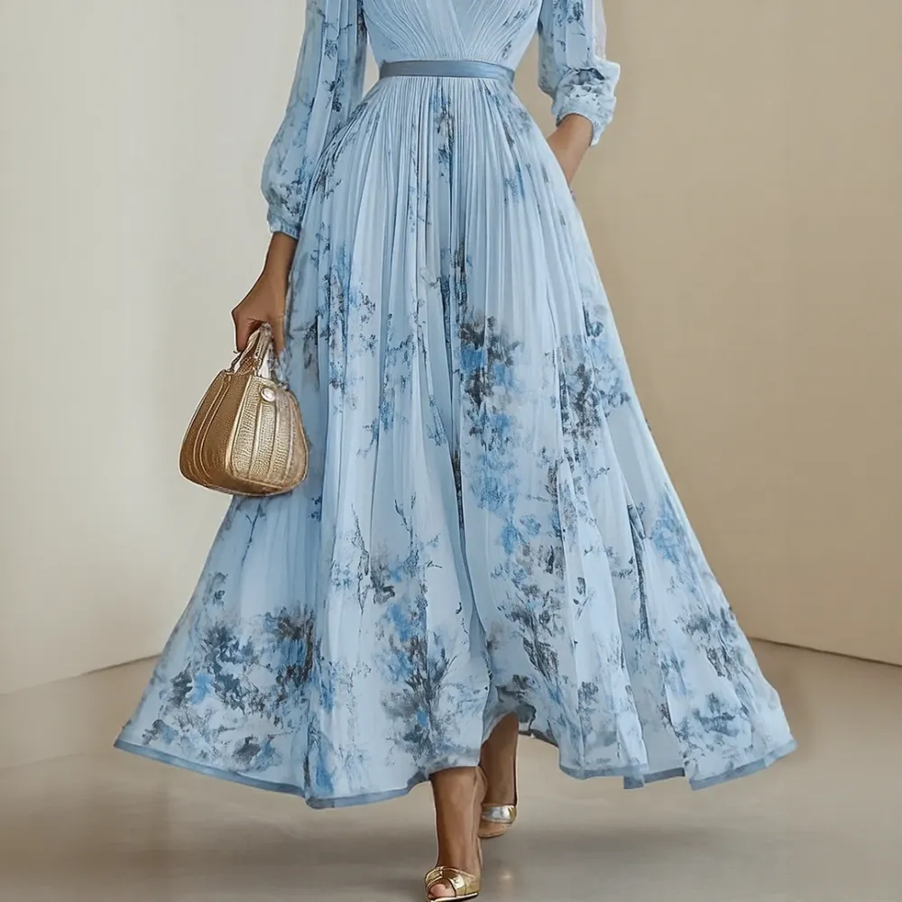 Pleated V Neck Maxi Dress