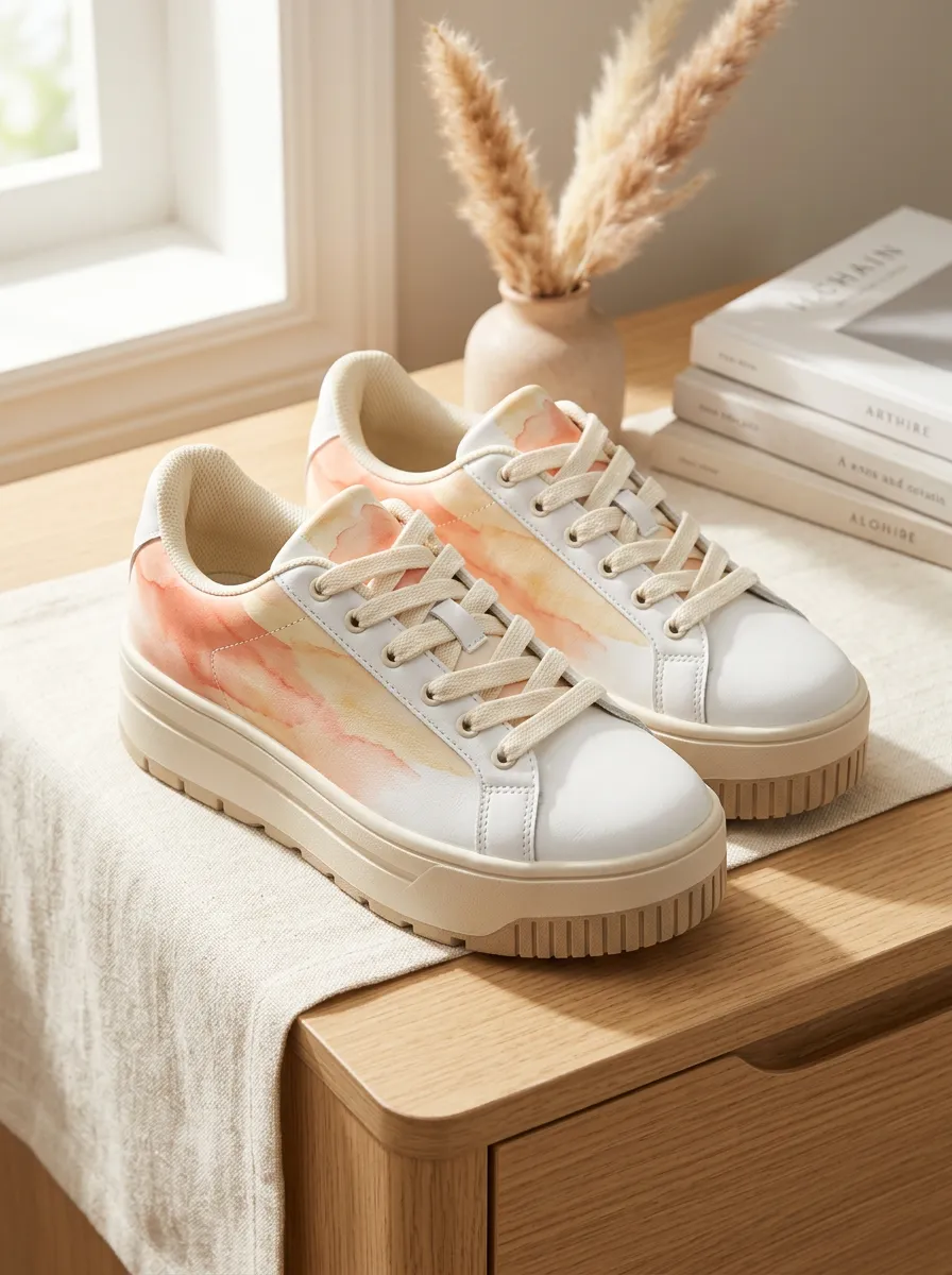 Women's Watercolor Peach Abstract Printed Platform Sneakers