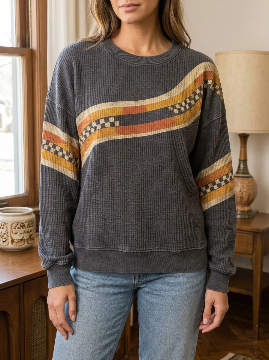 Women's Retro Checkerboard Stripe Waffle Knit Crewneck Sweatshirt