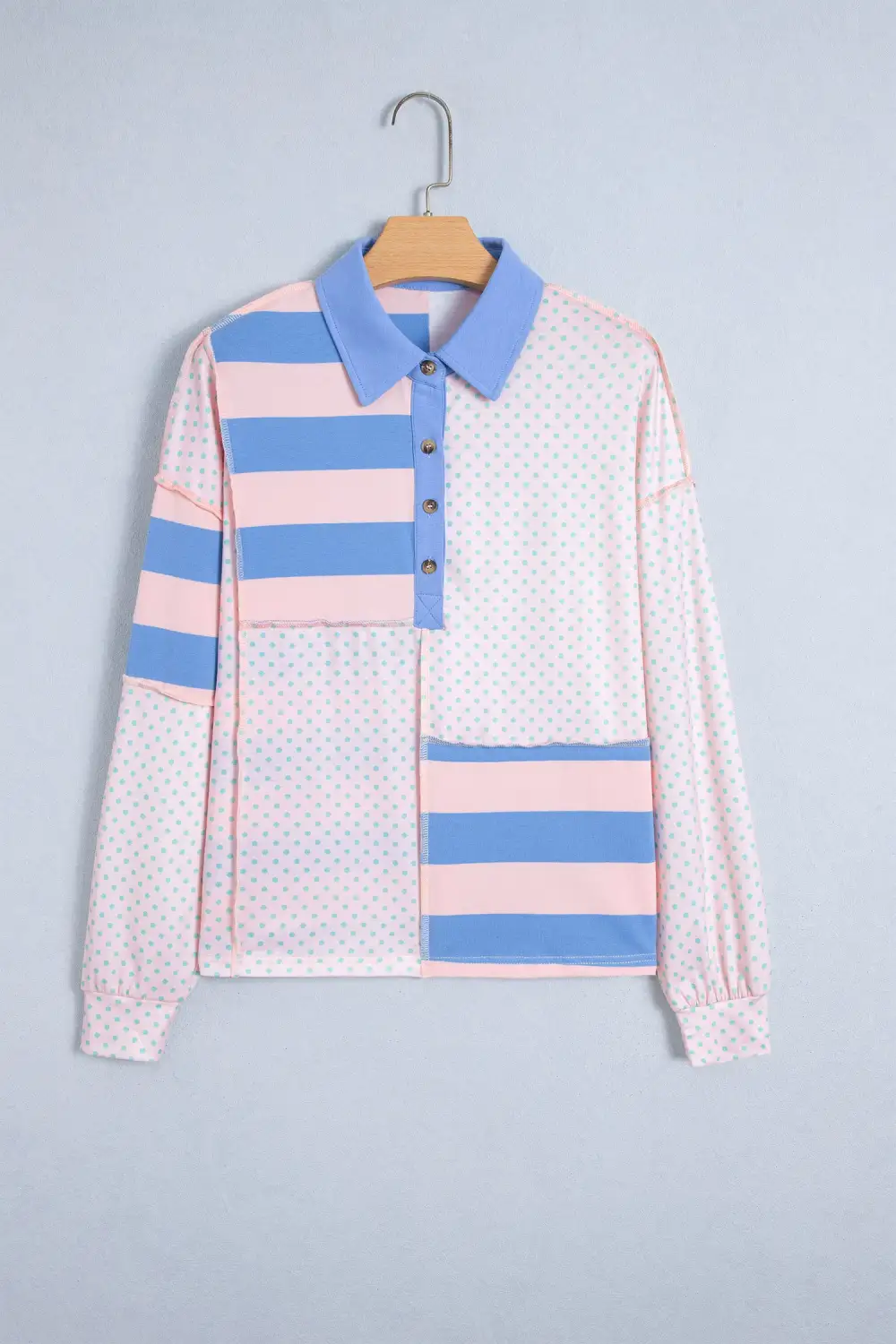 Polka Dot Polo Collar Twist Detail Cotton Blend Long Sleeve Top