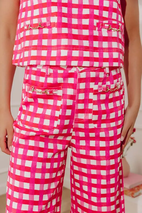 Pink High Waist Gingham Wide Leg Pants