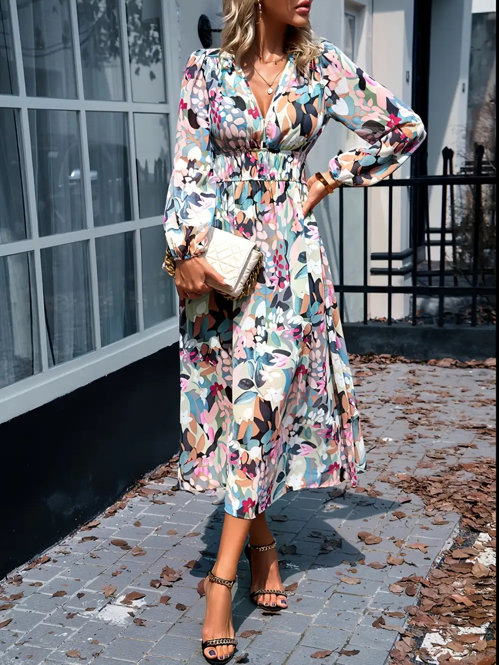 Print Long Sleeve Midi Dress