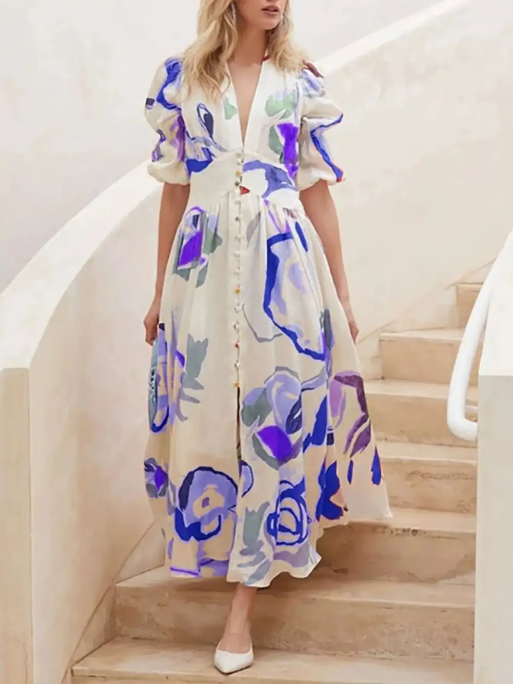 Abstract Print Puff Sleeve Midi Dress