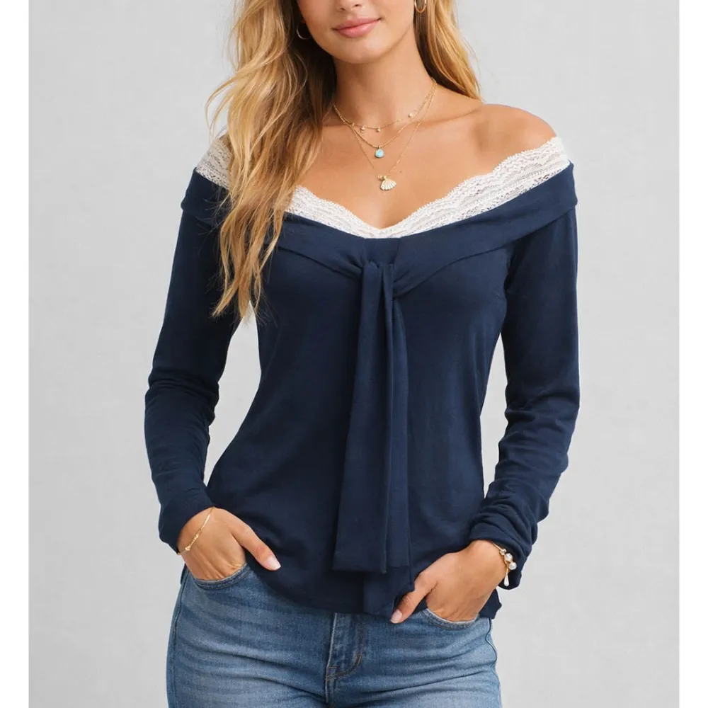 Lace Splice Off Shoulder Front Long Sleeves Top