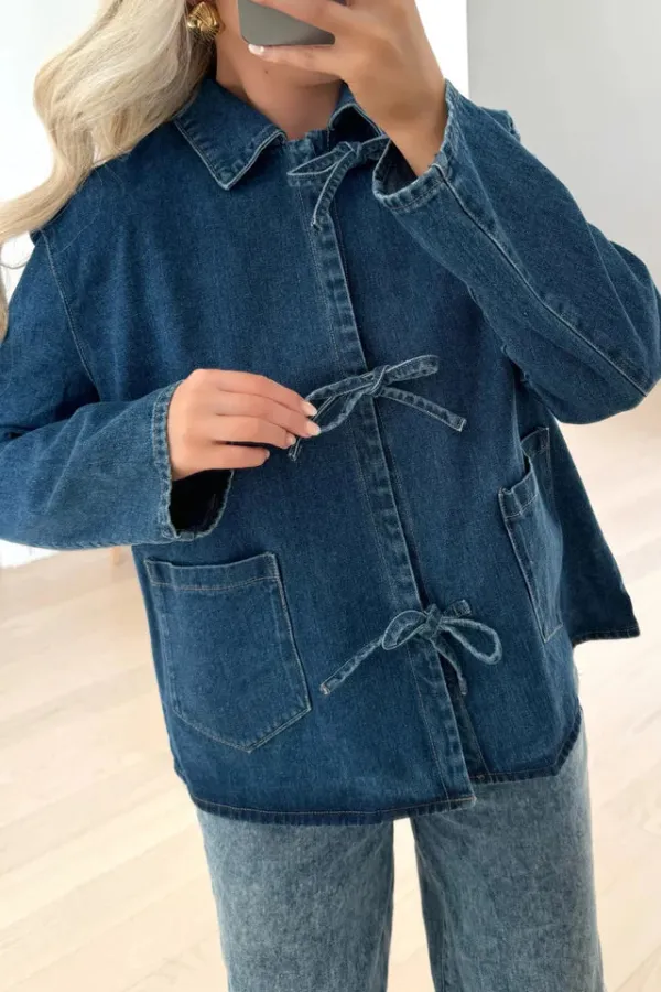 Denim Stand-Collar Long Jacket