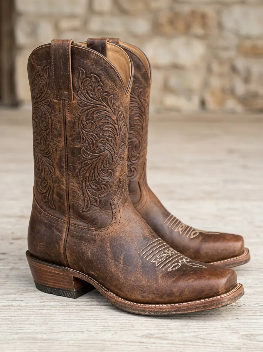 Rustic Floral Leather-Look Statement Men's Western Cowboy Boots