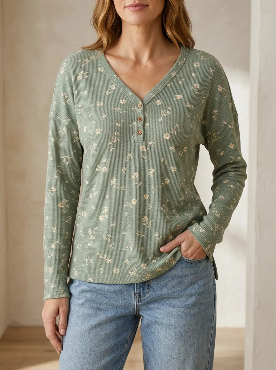 Women's Heritage Floral Pattern Waffle Knit Printed Top V-Neck Button T-Shirt
