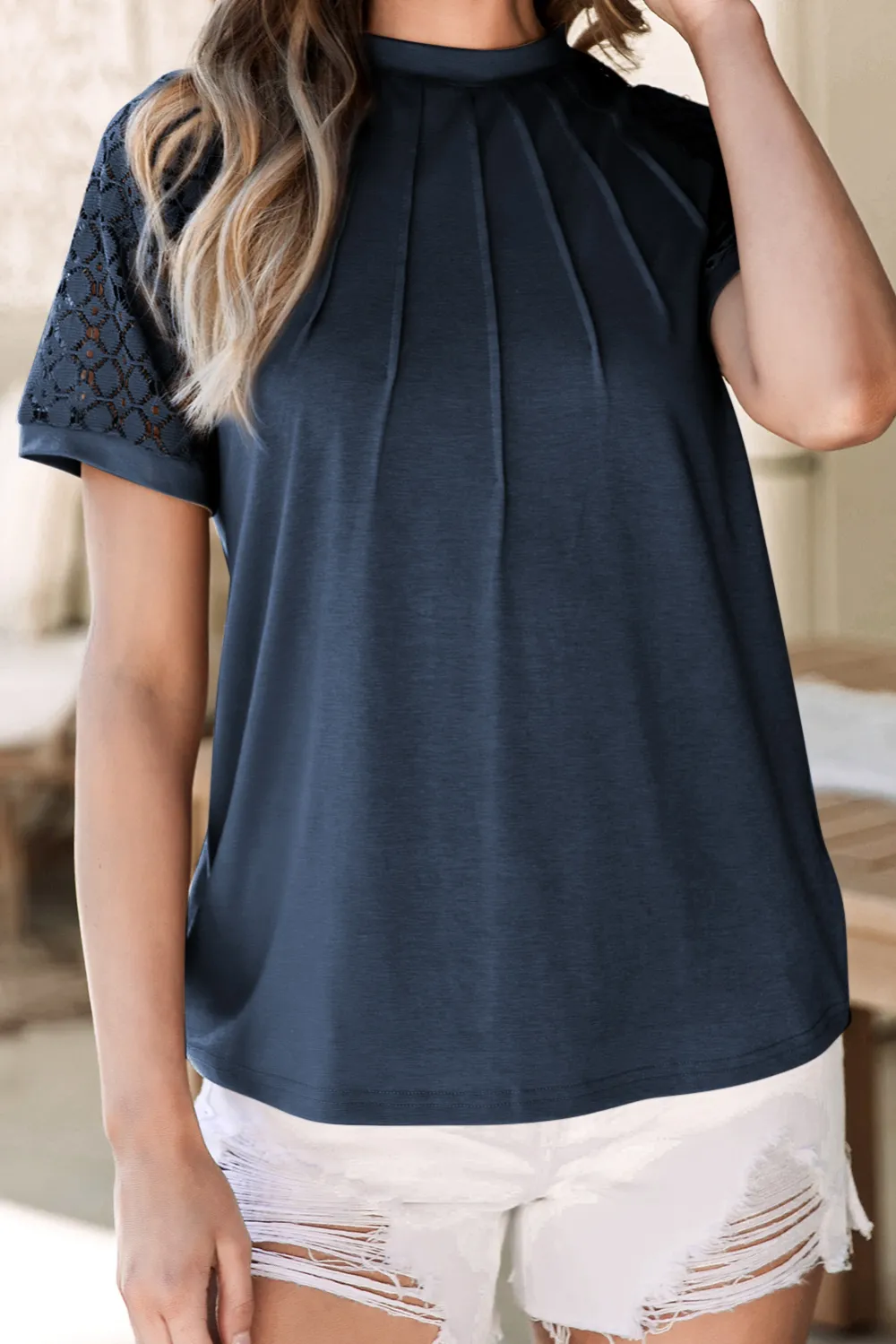 Navy Blue Seamed Detail Contrast Tee