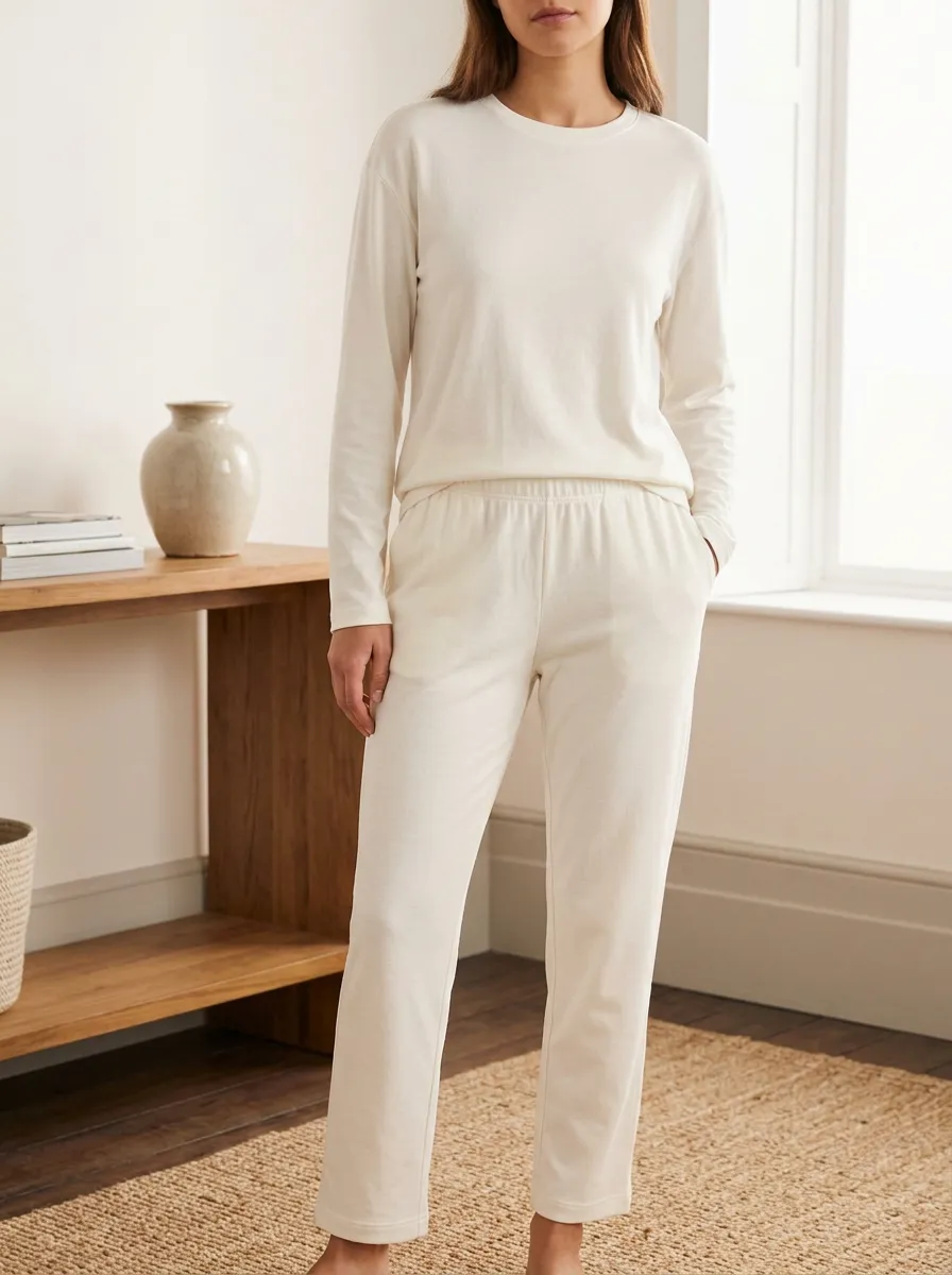 Women's Minimalist Cream Solid Color Long Sleeve Lounge Set