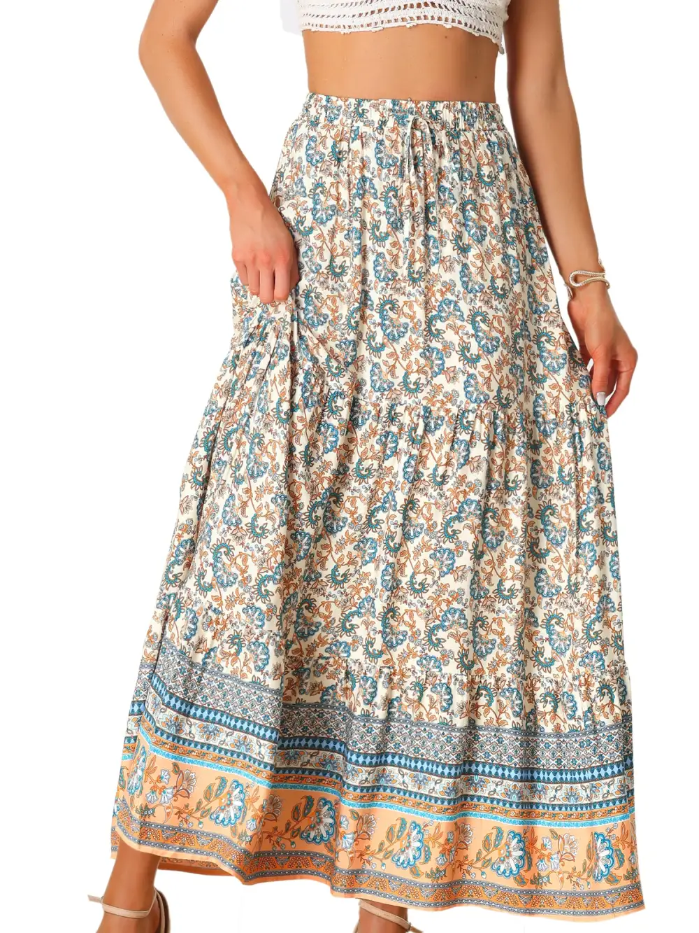 Boho Floral-Print Elastic-Waist Maxi Skirt