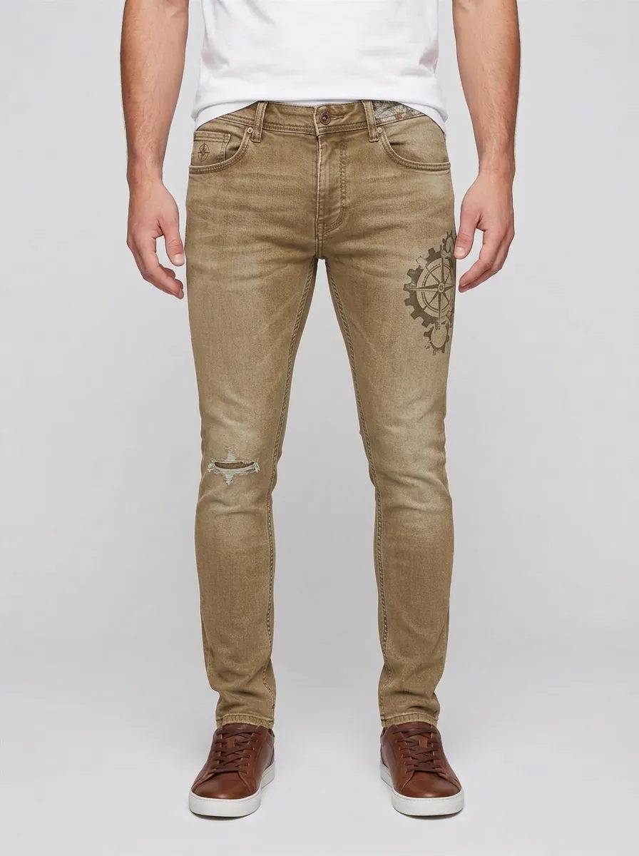Men's Steampunk Compass Gear Printed Slim-Fit Jeans