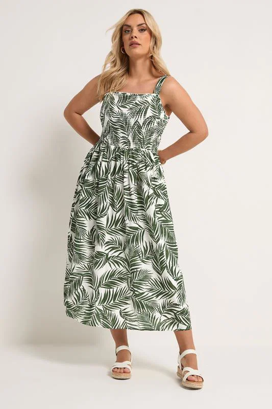 Green Palm Leaf Shirred Linen Maxi Dress detail 2