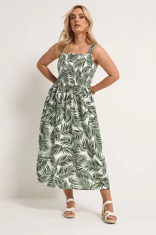 Green Palm Leaf Shirred Linen Maxi Dress