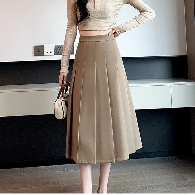 Streamlined A-Line High Waist Pleated Midi Skirt