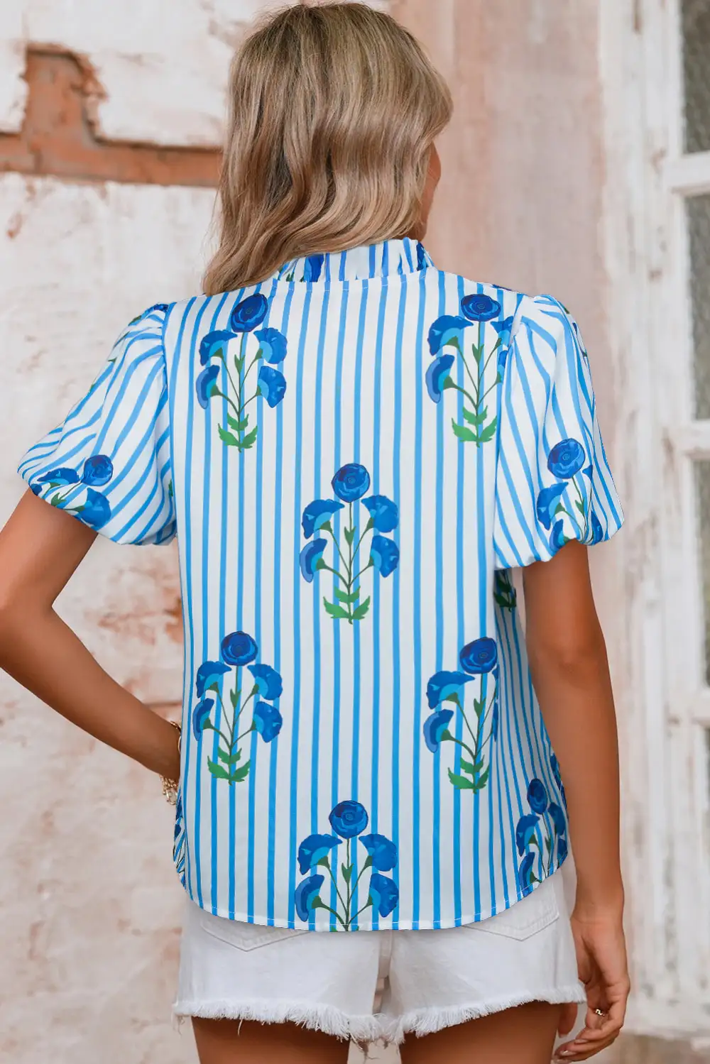 Striped Floral Notched Neck Blouse