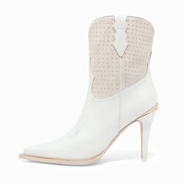 Faux-Suede Faux-Leather Studded Patchwork Western Boots