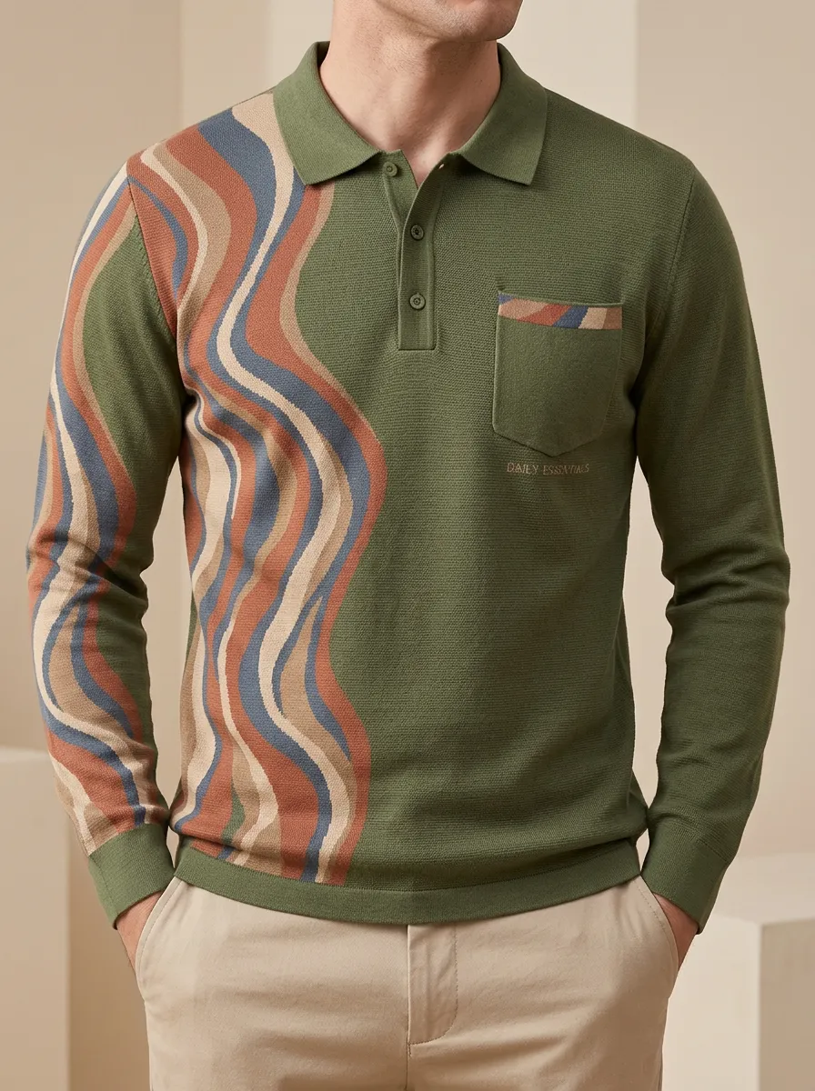 Men's Retro Wavy Stripe Pattern Printed Long Sleeve Polo Shirt