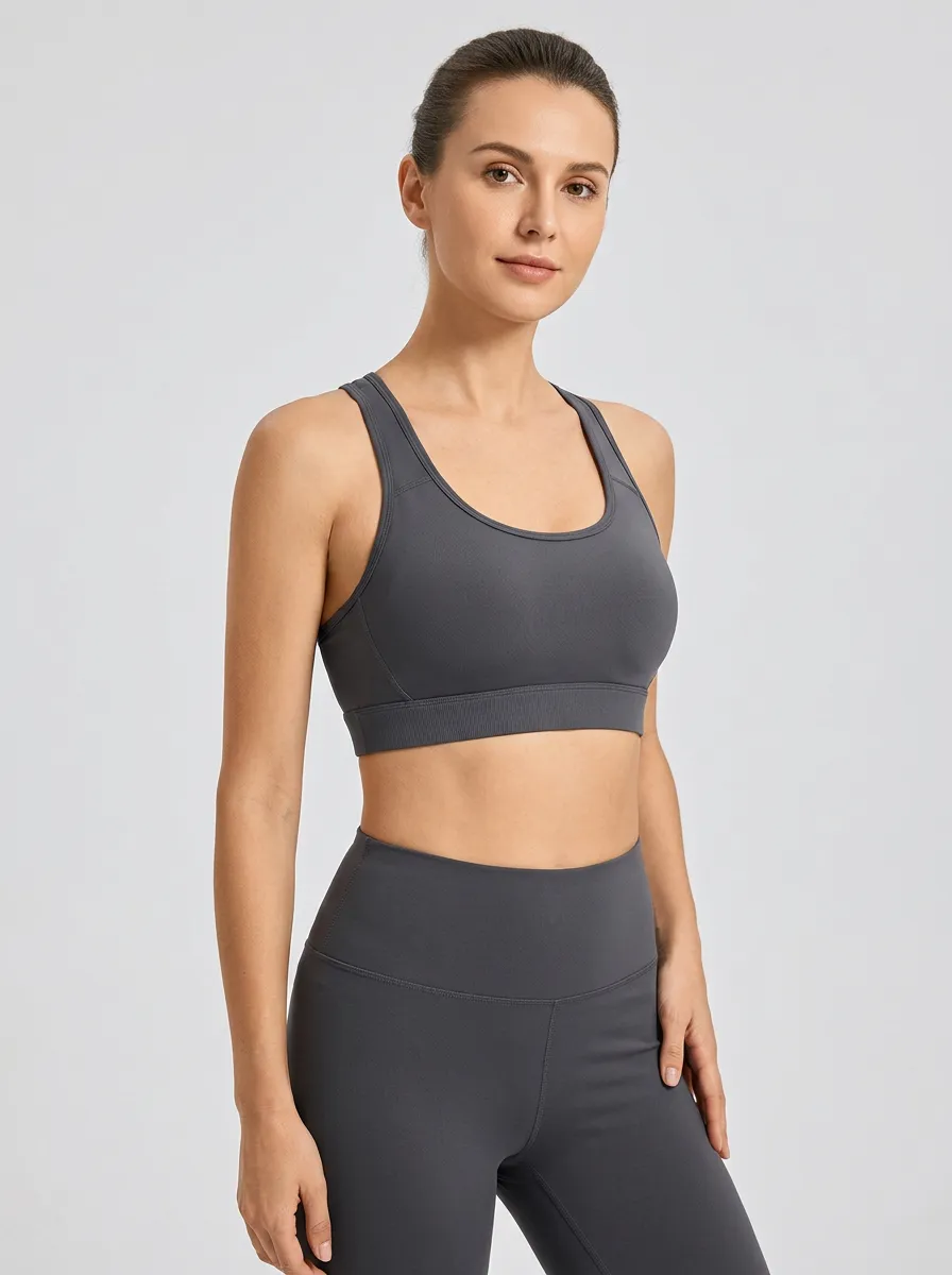 Women's Scoop-Neck Racerback Ribbed Wide-Strap Cropped Sports Bra