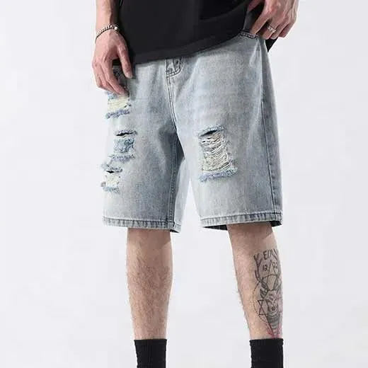 Relaxed Fit Ripped Distressed Denim Shorts