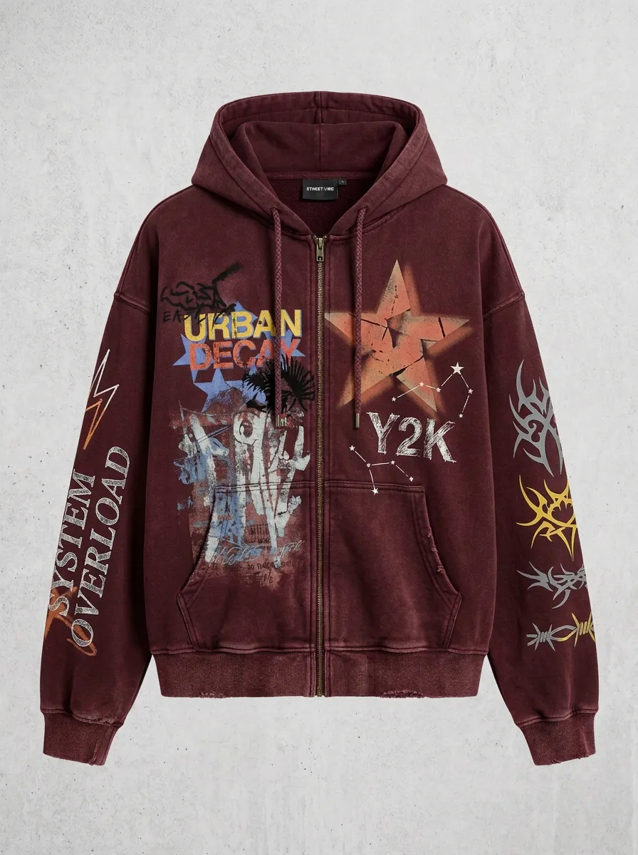 Unisex Y2K Streetwear Urban Decay Star Graphic Printed Zip-up Hoodie