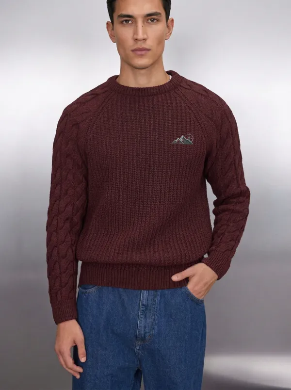 Men's Charcoal Grey Outdoor Mountain Graphic Embroidered Knit Sweater