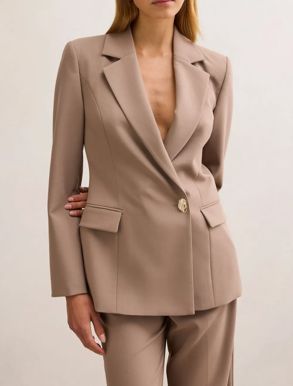 Soft Taupe Single-Button Asymmetrical Tailored Blazer