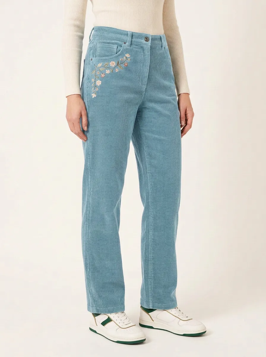 Women's Floral Embroidered Five-Pocket Straight-Leg Corduroy Pants
