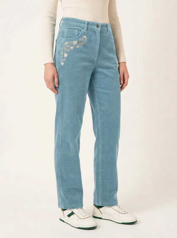 Women's Floral Embroidered Five-Pocket Straight-Leg Corduroy Pants