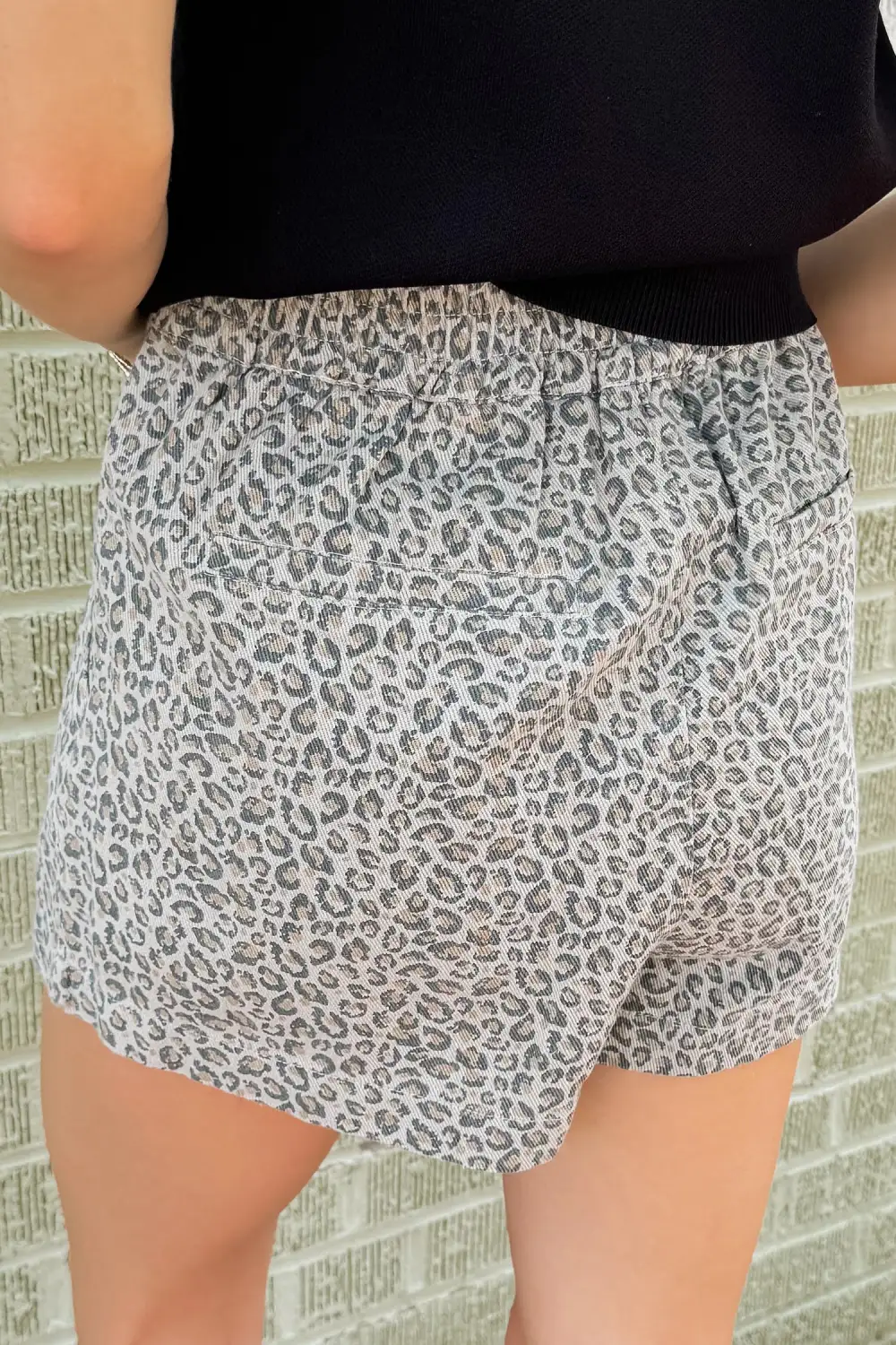 Leopard Print Wrap Front Denim Shorts