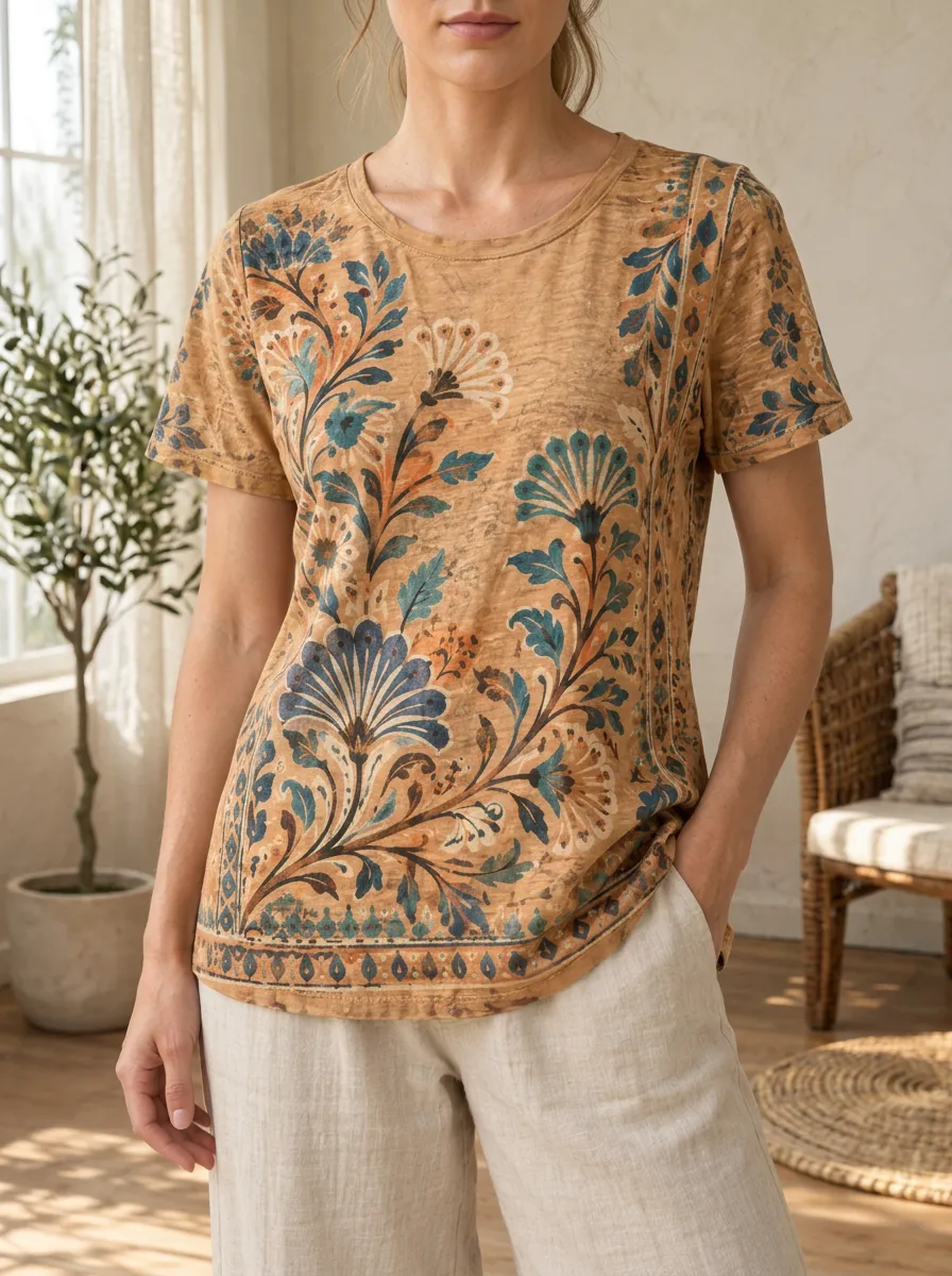Women's Bloom Boho Floral Pattern Crew Neck T-Shirt