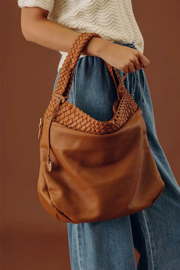 Brown Woven Faux Leather Tote Bag