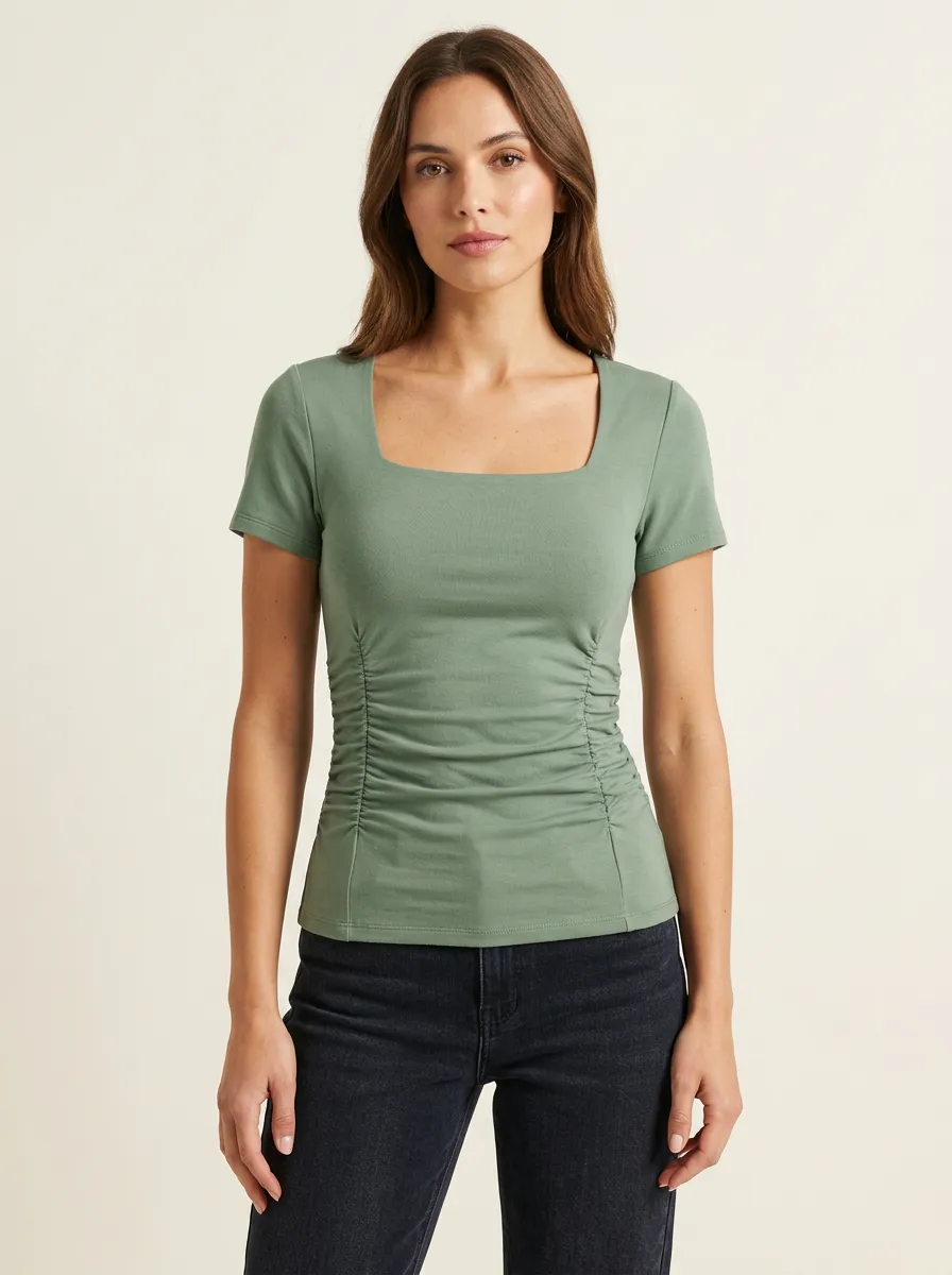 Square-Neck Waist-Ruched Ruched Fitted Top