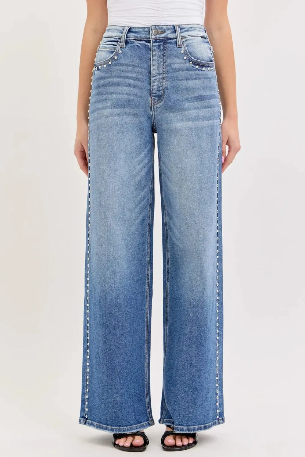 Studded High Rise Wide Leg Jeans