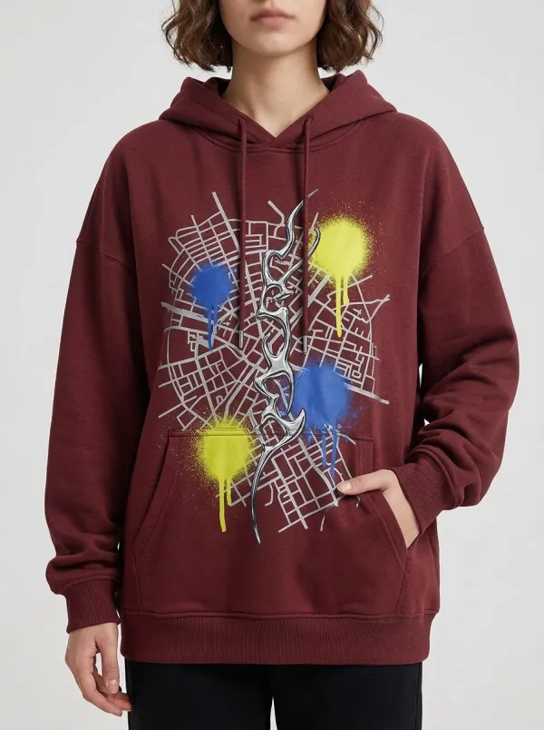 Unisex Streetwear Y2K Map Graffiti Hoodie