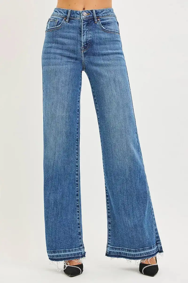Denim High Rise Wide Leg Raw Hem Jeans