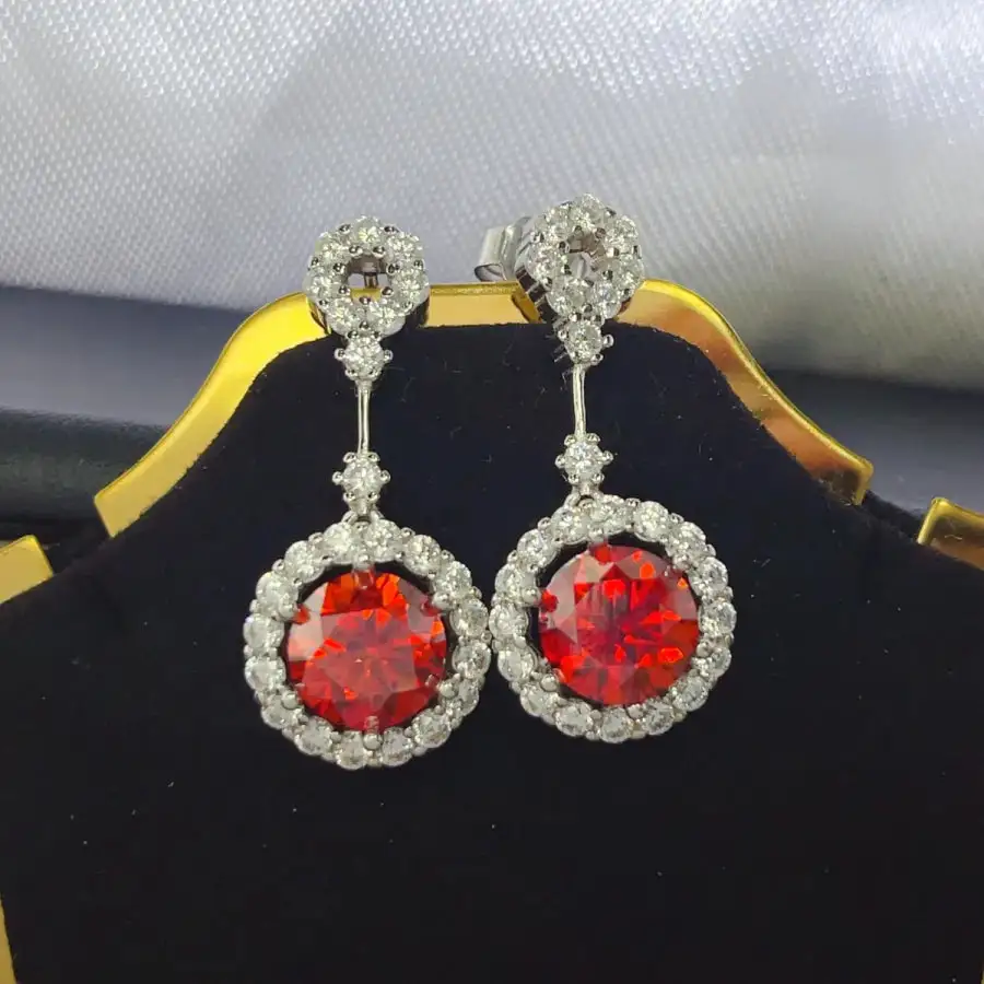 Ruby Crystal Drop Earrings with Rhinestone Halo