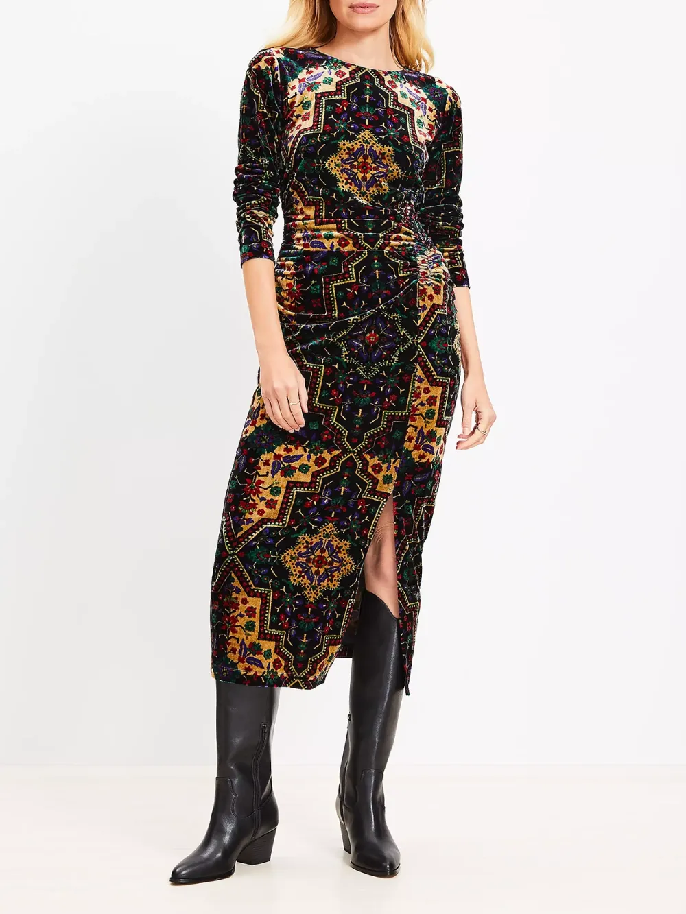 Shirred Velvet Midi Dress