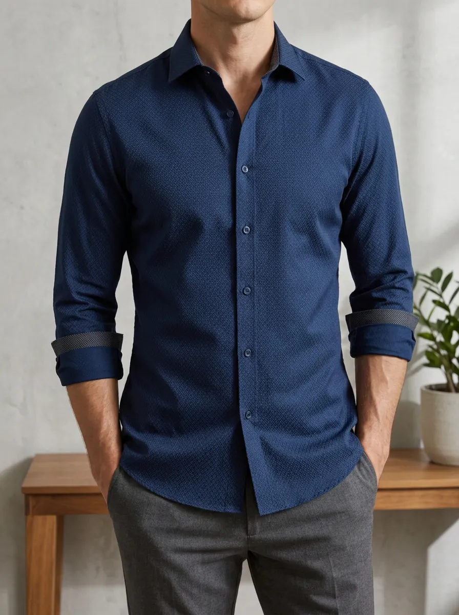 Men's Refined Micro-Print Contrast Trim Long Sleeve Slim Fit Shirt