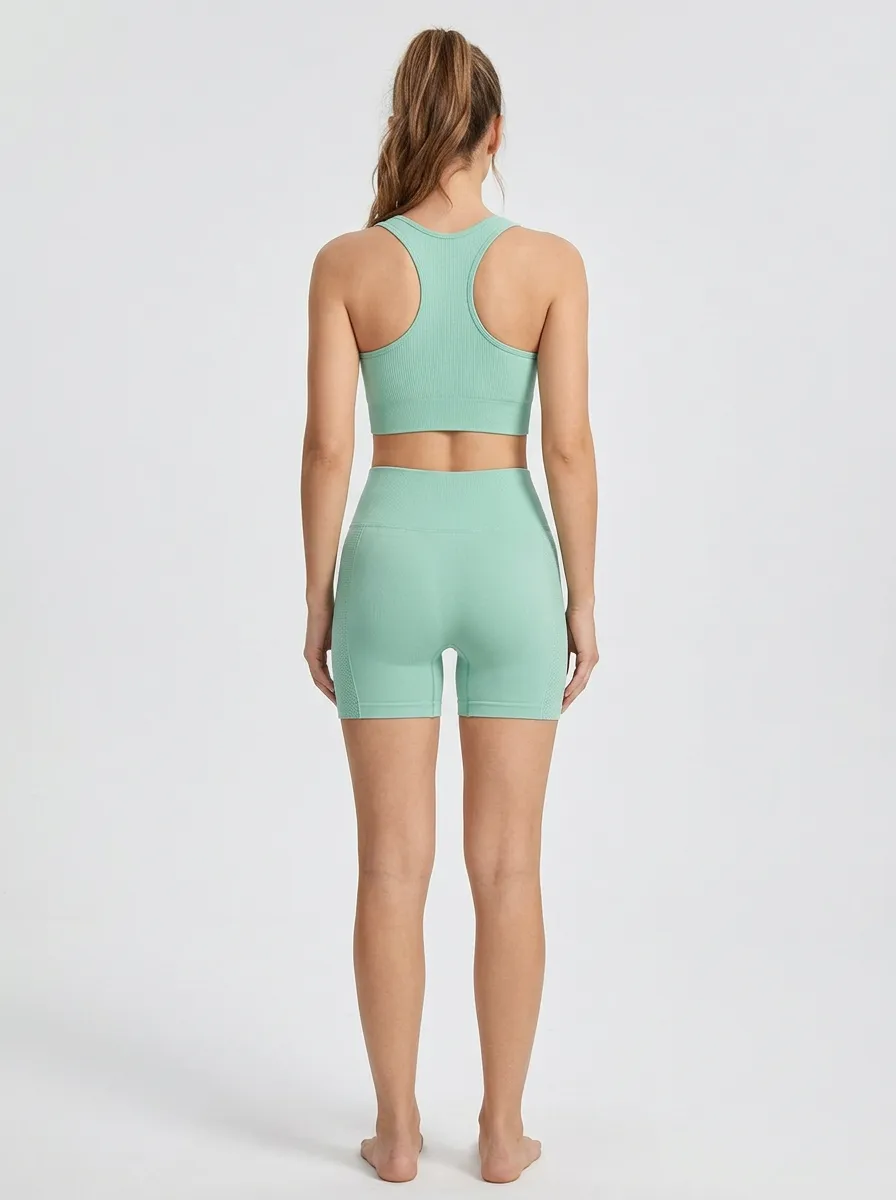 Dynamic Ribbed Texture Seamless Design Training Look Women's Tank Top And Sports Shorts Set