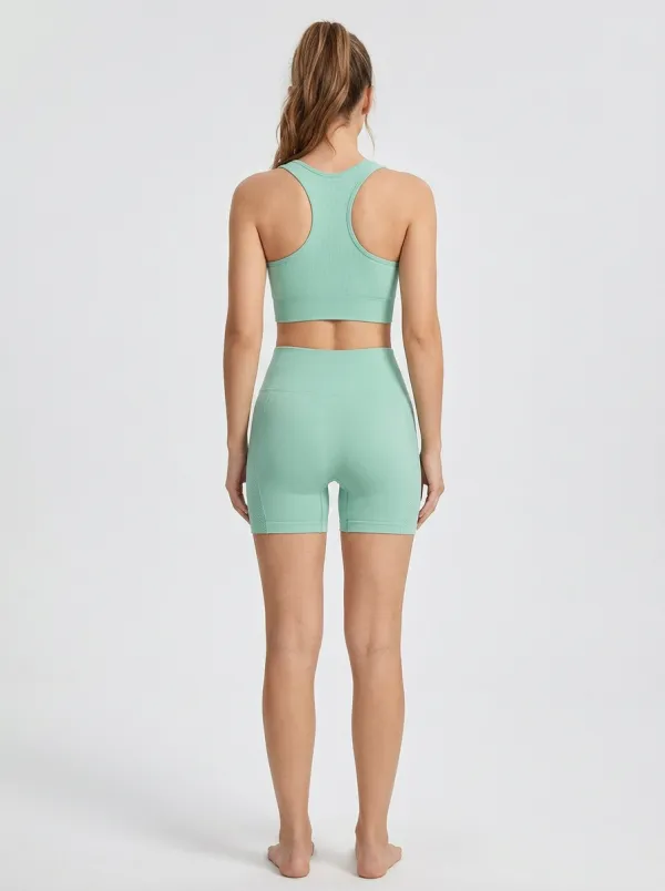 Dynamic Ribbed Texture Seamless Design Training Look Women's Tank Top And Sports Shorts Set